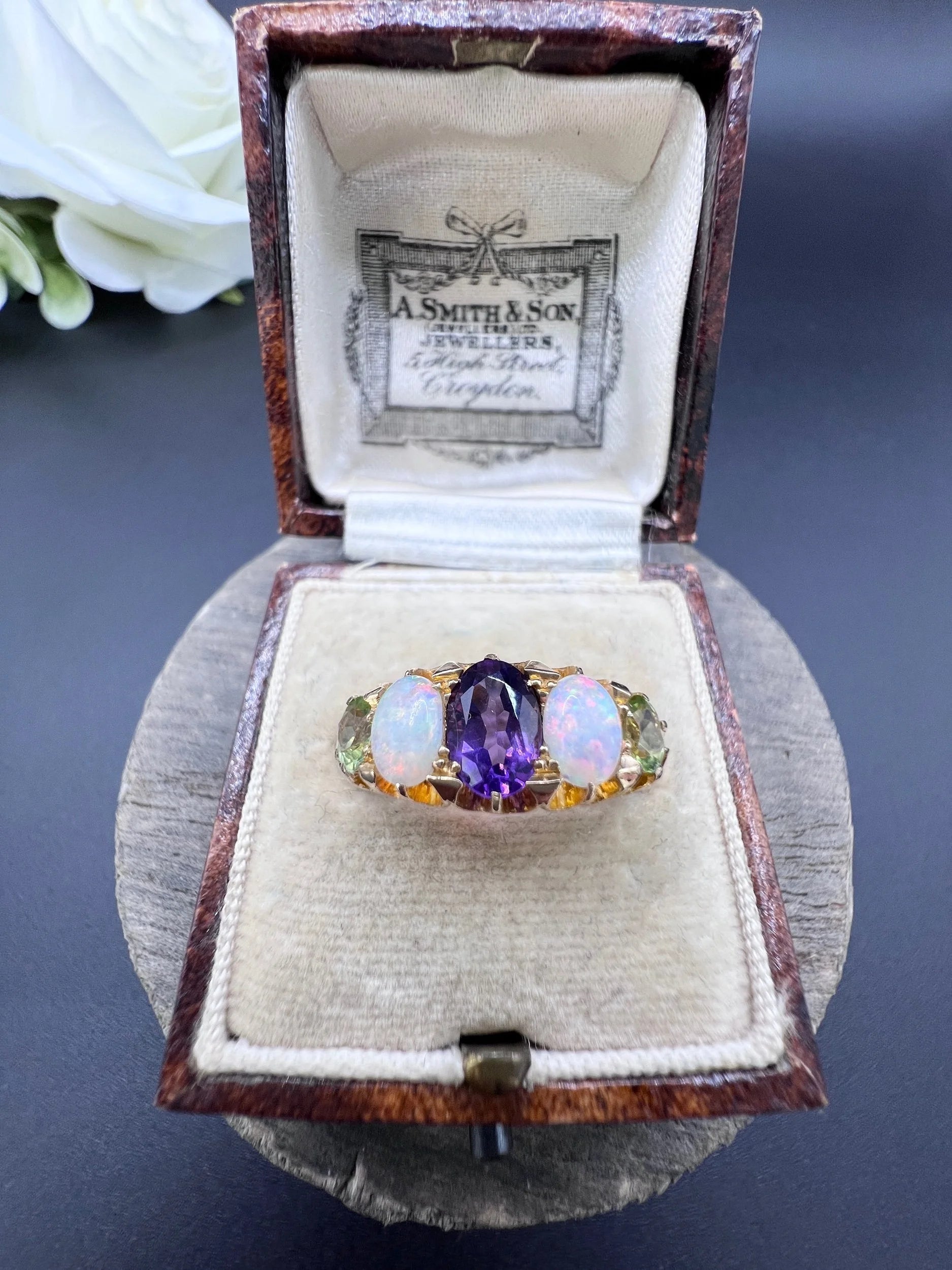 Antique 18 ct Gold, Amethyst, Opal And Peridot Suffragette Ring