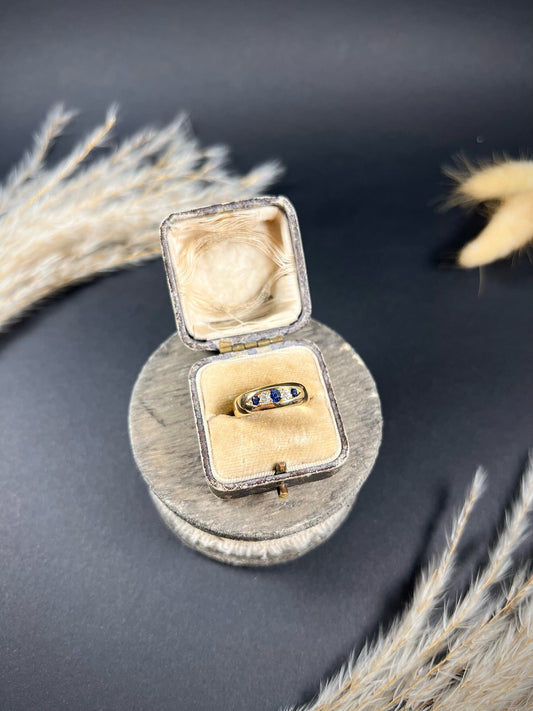 Antique 18ct Yellow Gold, Birmingham Hallmarked 1891, Victorian Sapphire & Diamond Five Stone Gypsy Band Ring