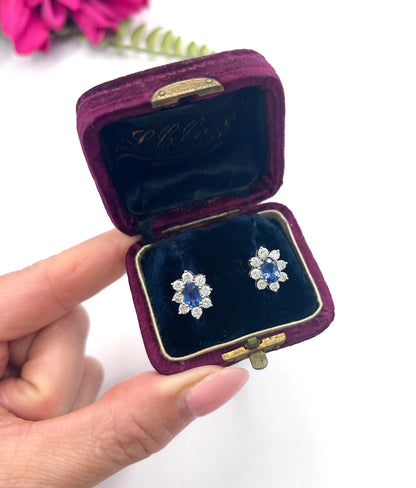 Vintage 18 ct White Gold, 1980's Natural Sapphire And Diamond Oval Cluster Earrings