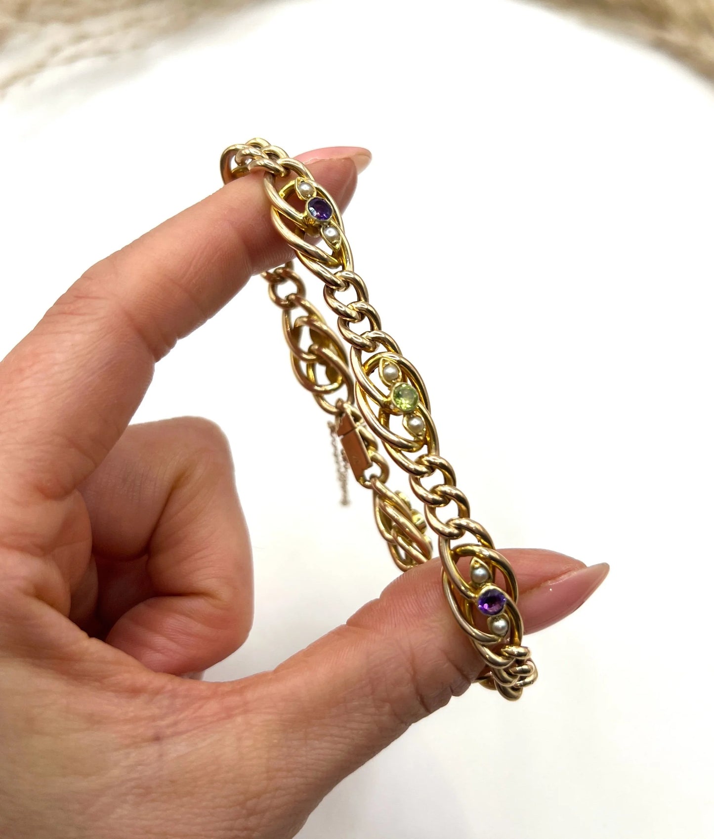 Edwardian Antique Amethyst Peridot and Pearl Suffragette Curb Link Bracelet in 15ct Gold