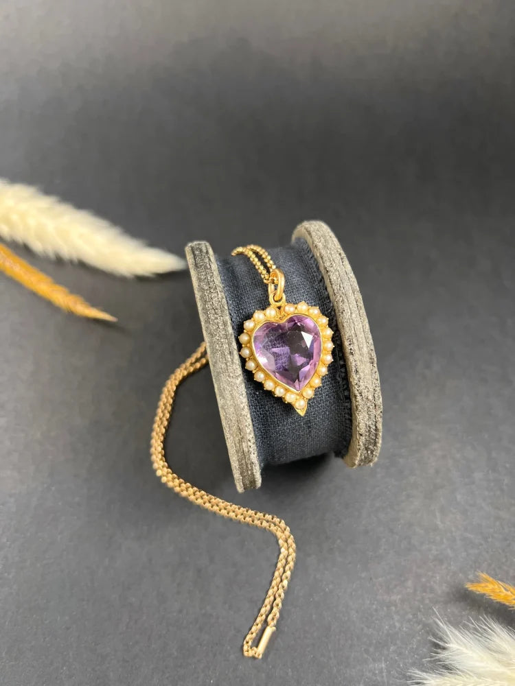 Antique Amethyst And Pearl Heart Pendant In 15 Carat Yellow Gold