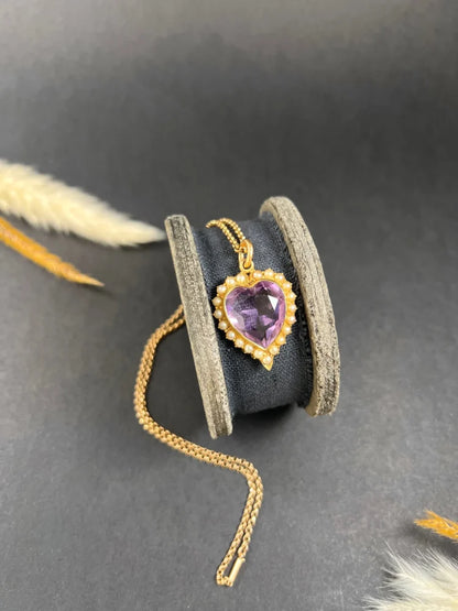 Antique Amethyst And Pearl Heart Pendant In 15 Carat Yellow Gold