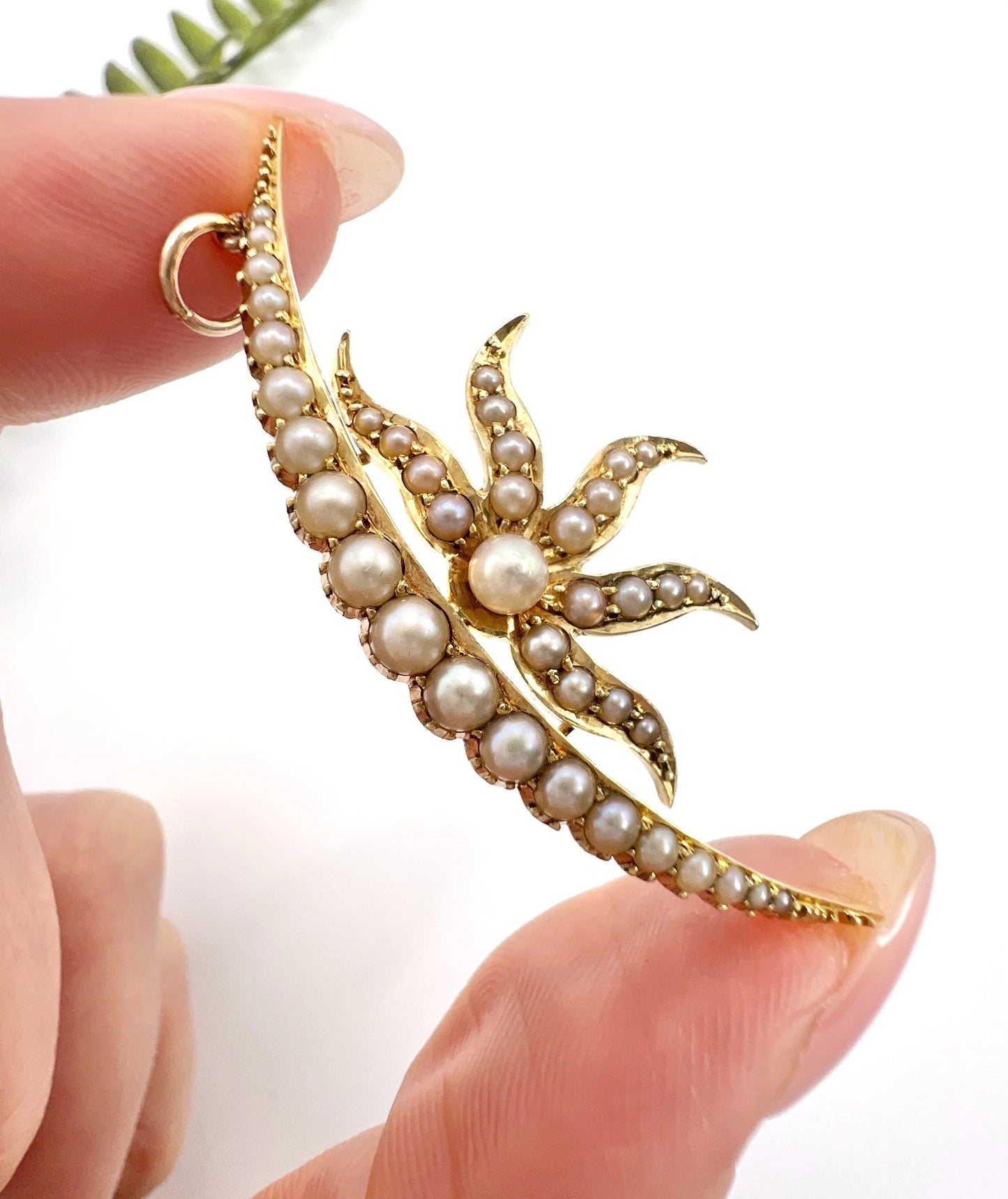 Antique 15 Carat Yellow Gold Seed Pearl Sunburst Crescent Moon Pendant, Circa 1900