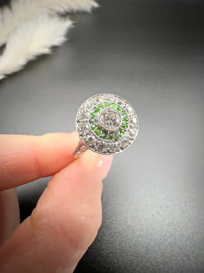 Edwardian Antique Demantoid Garnet and Diamond Target Cluster Ring