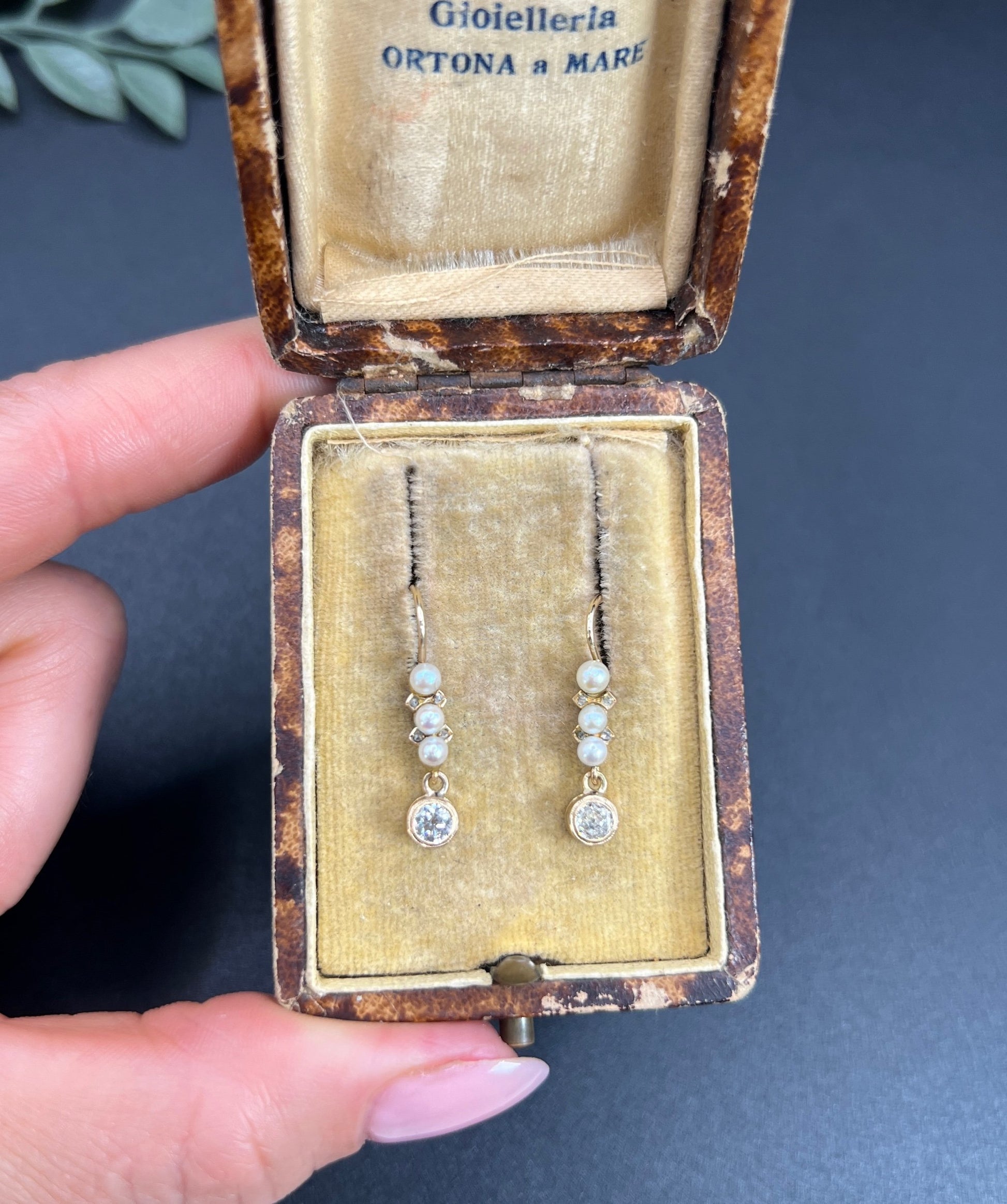 Antique 18ct Yellow Gold, 1920s Diamond & Pearl Drop Earrings, Occasion Jewellery, Bridal Jewellery