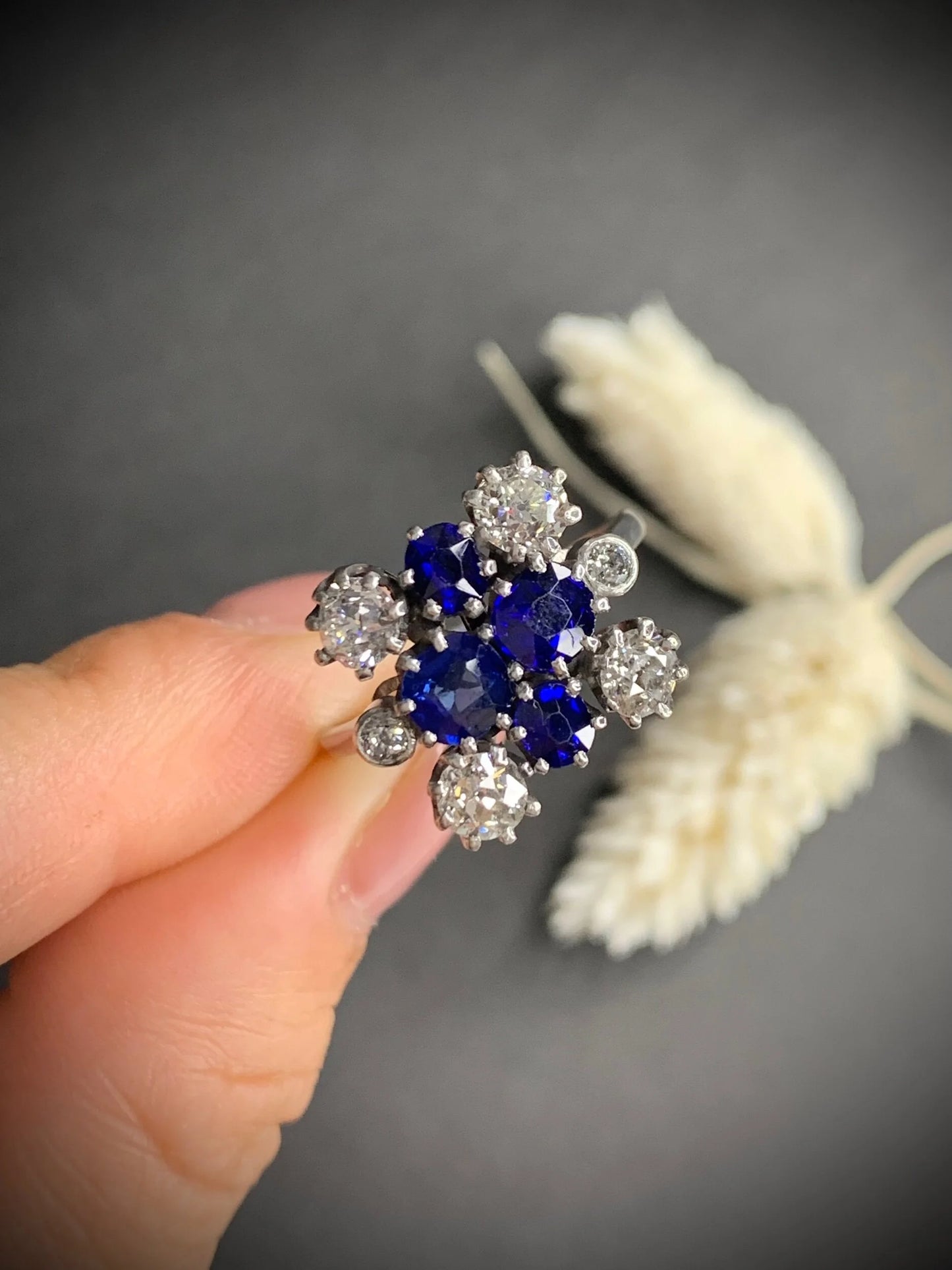 Vintage 1940s Sapphire and Diamond Cluster Ring