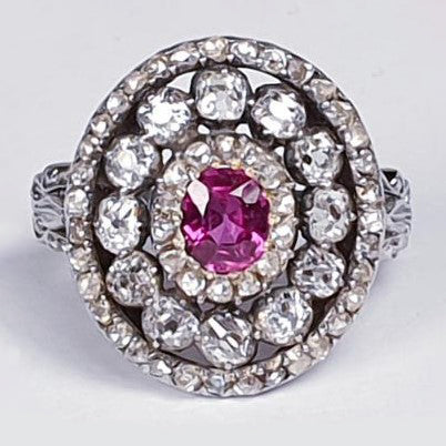Antique 0.90ct Oval Ruby and 3.40ct Old Mine Cut and Rose Cut Diamond Cluster Dress Statement Ring