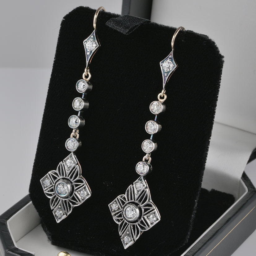 Edwardian Antique 2.90ct Old Mine Cut Diamond Drop Earrings