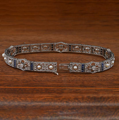 Edwardian Antique Natural Pearl Diamond and Sapphire Filigree Bracelet