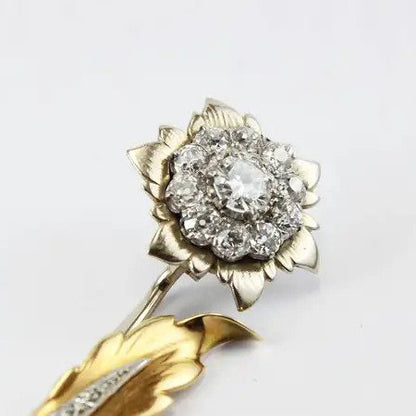 Vintage 2ct Old Cut Diamond Set Gold Flower Brooch