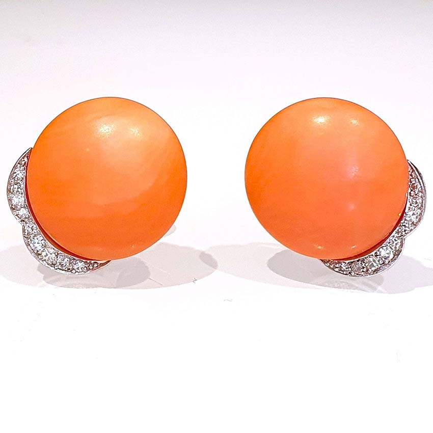 Vintage Coral and Diamond Stud Clip on Earrings