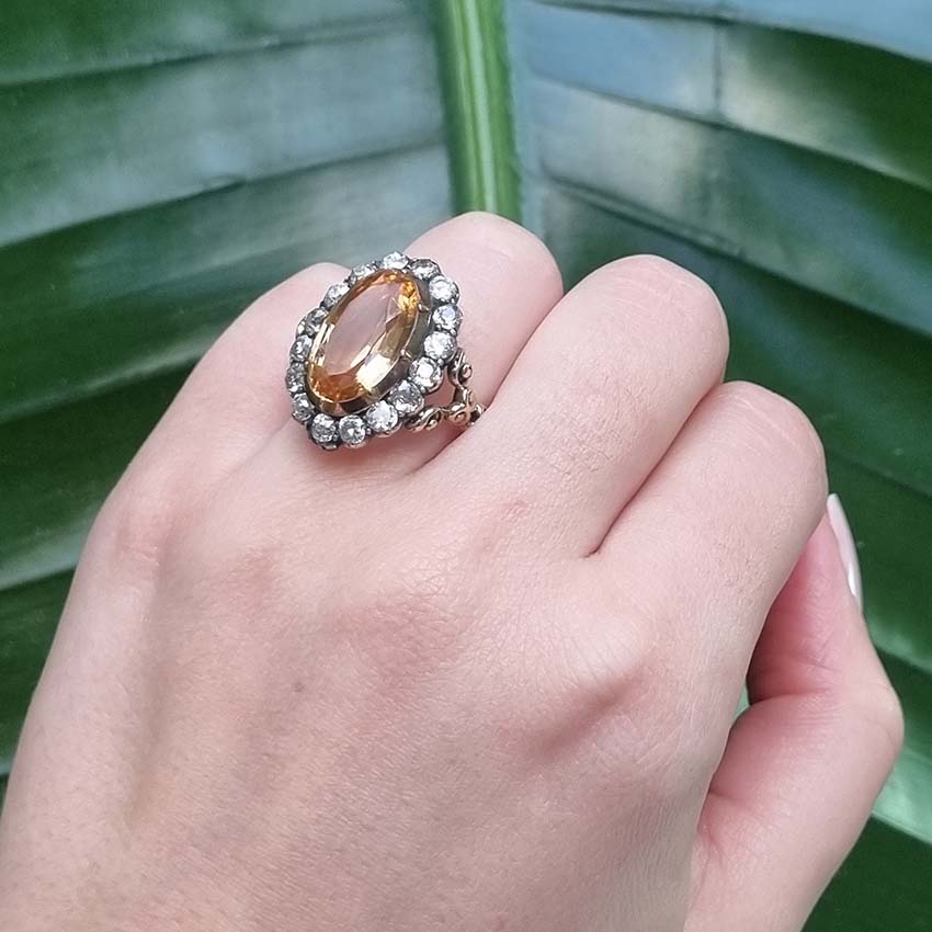 Victorian Antique 6.73ct Imperial Topaz and 1.60ct Old Cut Diamond Cluster Ring