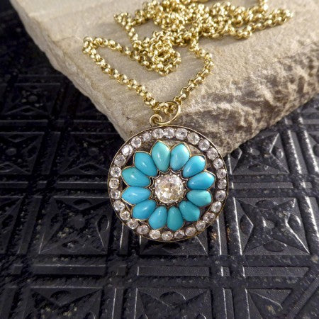 Victorian Old Cut Diamond and Turquoise Flower Pendant, 3.20 Carat Total