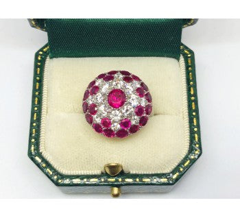 Vintage 1950's Ruby, Diamond and Platinum Bombé Cluster Cocktail Ring, 3.50 carat total