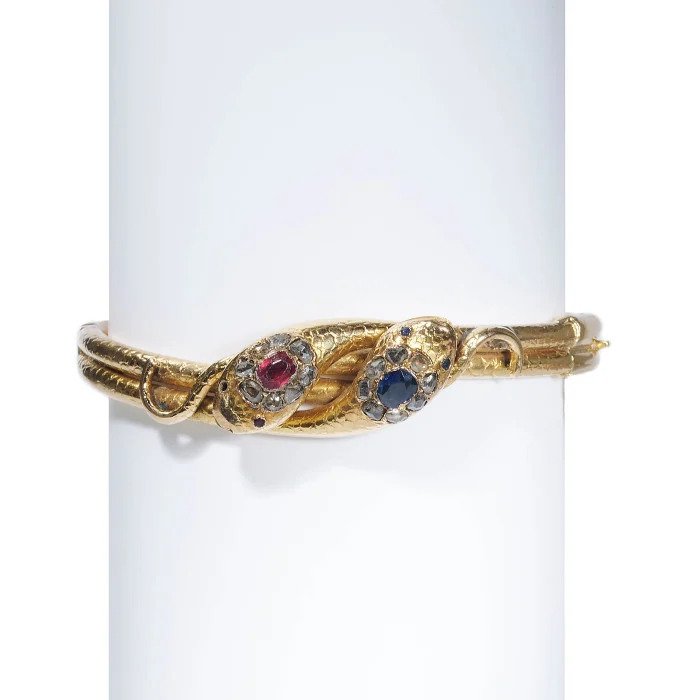 Victorian Antique Ruby Sapphire Diamond Gold Double Head Snake Bangle Bracelet