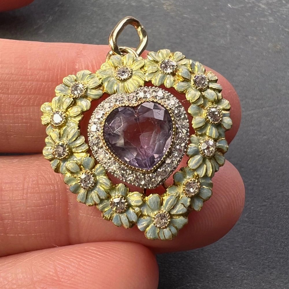 1.70ct Morganite Heart Enamel and Diamond Flower Cluster Pendant