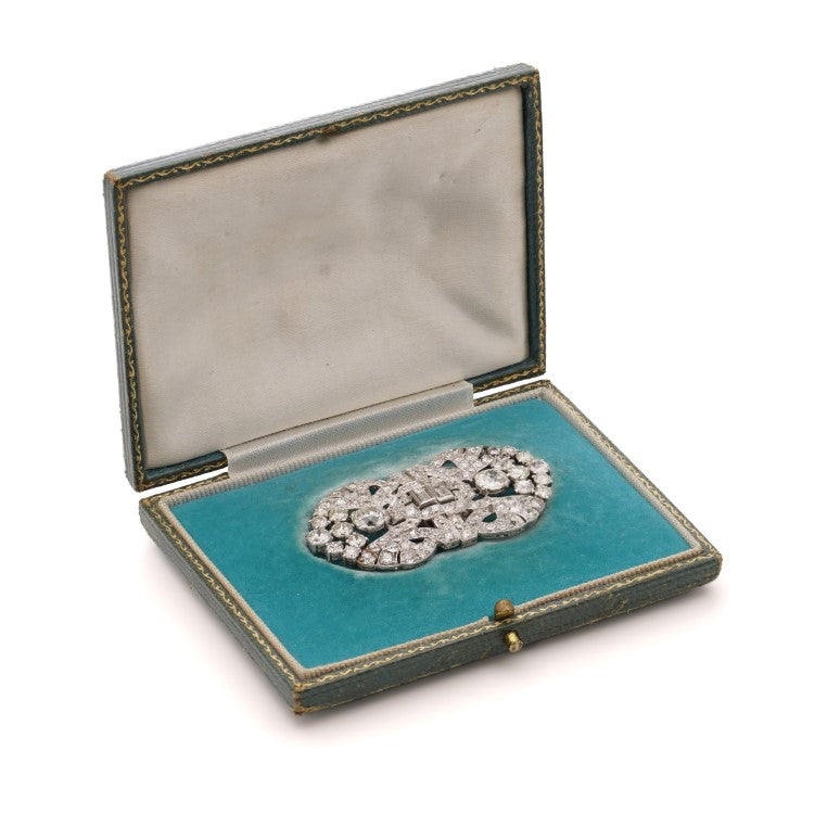 Antique Art Deco 5.52ct Old Cut Diamond Double Clip Brooch with original box
