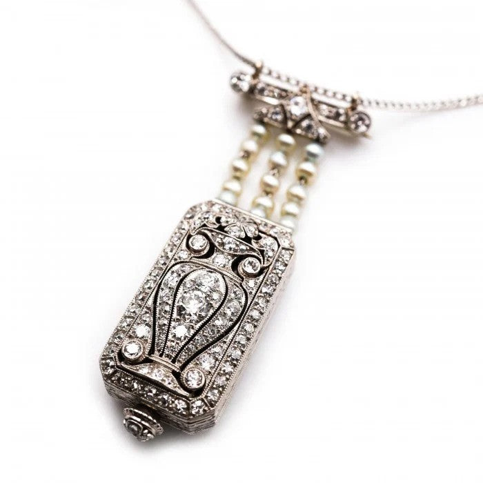 Tiffany and Co Art Deco Diamond Pearl Platinum Watch Pendant