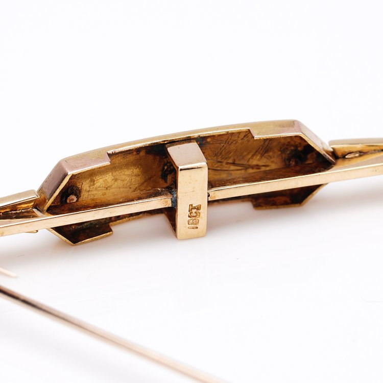 Antique Victorian Rose Cut Diamond and Pearl Bar Brooch in 18ct Yellow Gold with Blue Enamel