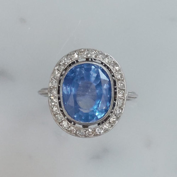 Art Deco vintage 6ct Ceylon Sapphire and Diamond Cluster Ring