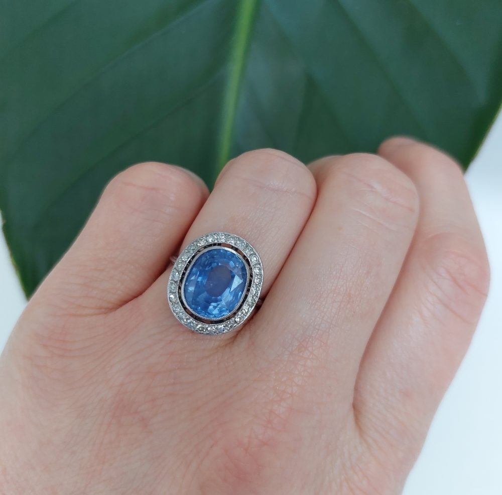 Art Deco Ceylon Sapphire and Diamond Cluster Ring 5 to 6 carats