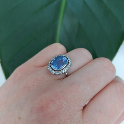 Vintage sapphire engagement ring platinum cluster halo fine