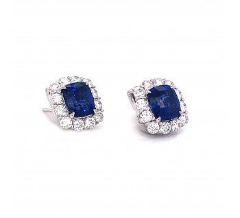 Sapphire and Diamond Cluster Stud Earrings, 6.95 carat total, Platinum