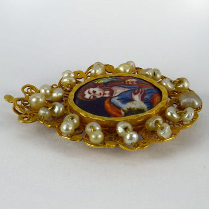 Antique Devotional Saint Joseph Yellow Gold, Pearl and Enamel Pendant