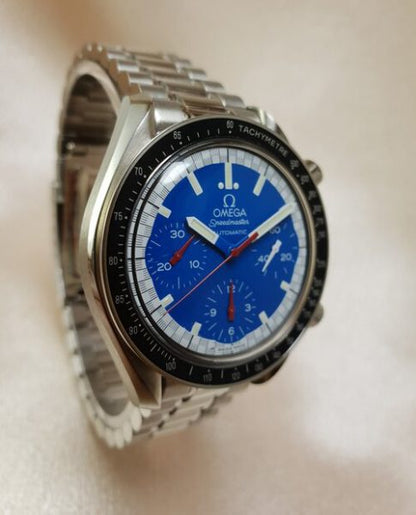 Omega Speedmaster Schumacher Automatic Watch; 39mm steel case, blue and white surround dial, chronograph, Hesalite crystal, with papers, 2006