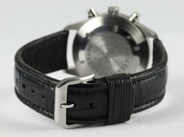 IWC Flieger Chronograph Pilot Watch; 39mm stainless steel case, black dial, day date. automatic movement, on IWC black leather strap with steel pin buckle