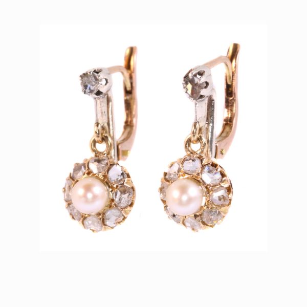 Antique Victorian Pearl and Rose Cut Diamond Earrings, Silver and Gold