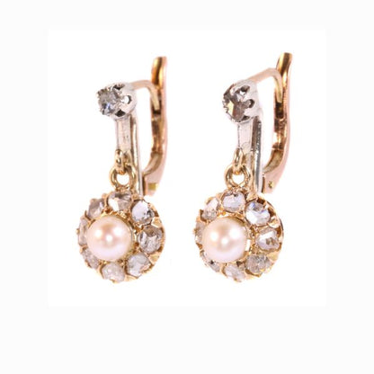 Antique Victorian Pearl and Rose Cut Diamond Earrings, Silver and Gold
