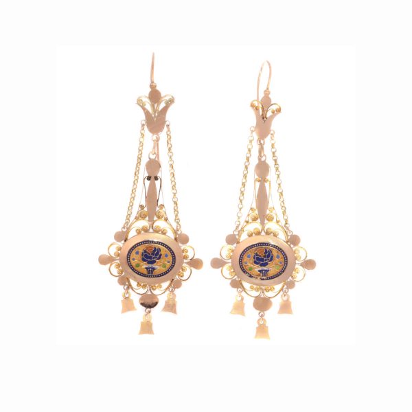 Georgian / Regency Enamel Filigree 18ct Gold Drop Earrings, Circa 1820