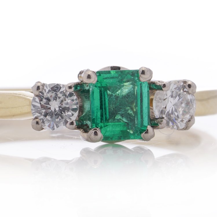 0.55ct Princess Cut Emerald and Diamond Three Stone Engagement Ring