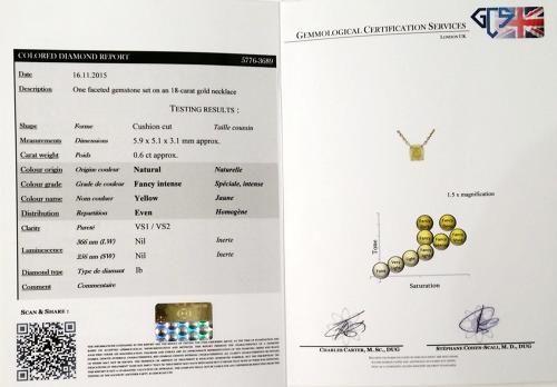 Fancy Yellow Diamond Pendant, 0.60 carats, 18ct Yellow Gold, Certified