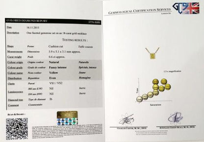 Fancy Yellow Diamond Pendant, 0.60 carats, 18ct Yellow Gold, Certified