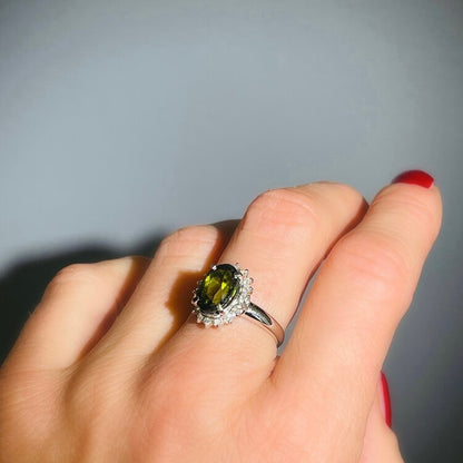 Vintage 3.29ct Peridot and Diamond Oval Cluster Ring in Platinum