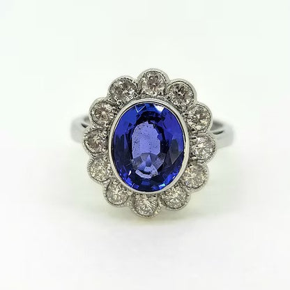 3ct Oval Tanzanite and Diamond Floral Cluster Engagement Ring