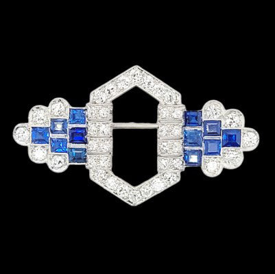 Art Deco 1.36ct Sapphire and 1.20ct Old European and Single Cut Diamond Panel Brooch in Platinum