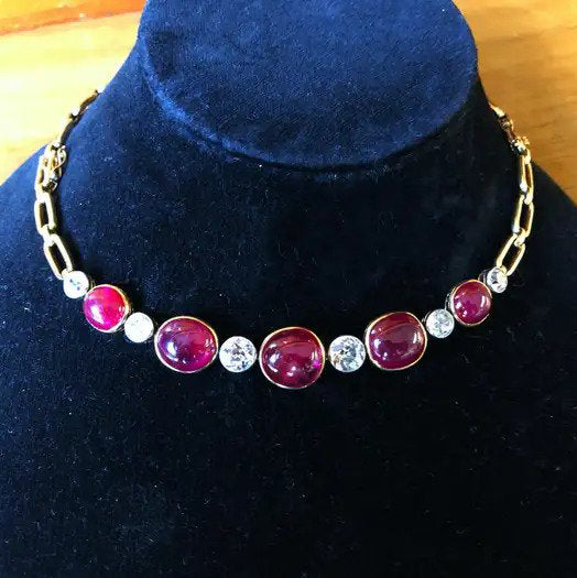 Victorian Antique 30ct Cabochon Burmese Ruby and 6ct Old Cut Diamond Bracelet-come-Necklace