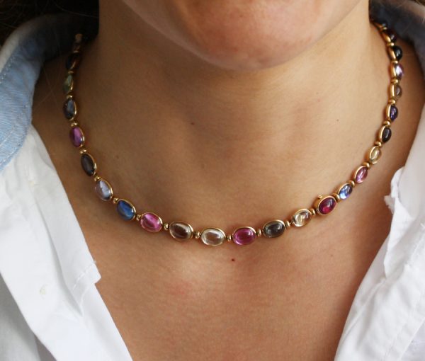Vintage Bulgari Multi Colour Sapphire Necklace; 71.25cts, oval cabochon sapphires mounted in 18ct yellow gold, can be worn as two bracelets, signed Bvlgari