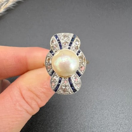 Edwardian Antique Natural Pearl Sapphire and Diamond Plaque Cocktail Ring