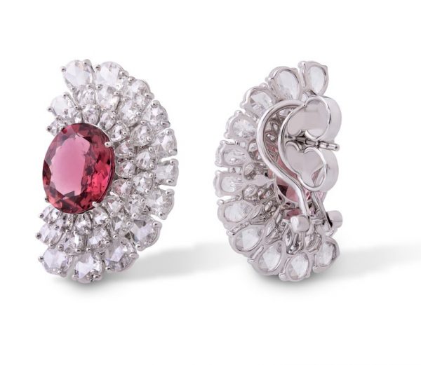 Rubellite and Rose Cut Diamond Earrings, 5.90 carats