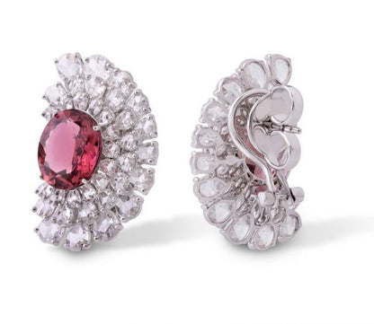 Rubellite and Rose Cut Diamond Earrings, 5.90 carats