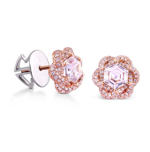 Hexagon Diamond Flower Stud Earrings, 2.01 carat total, 18ct Rose Gold