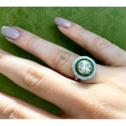 Art Deco Style 1.29ct Diamond and Emerald Target Cluster Ring