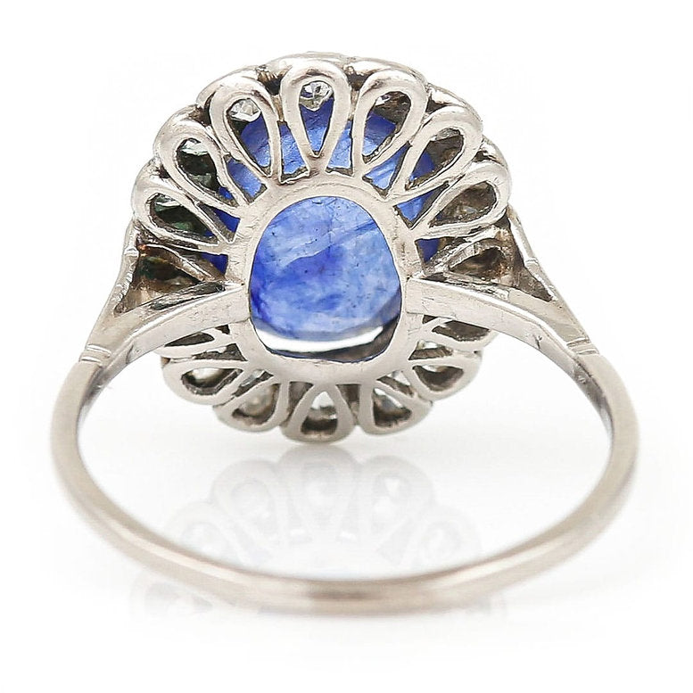 Art Deco 2.8ct Oval Sapphire and Old Mine Cut Diamond Cluster Ring in Platinum