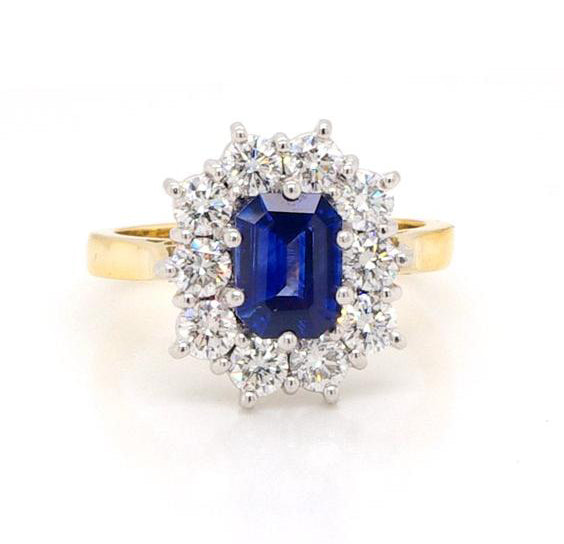 Emerald Cut 1.18ct Sapphire and Diamond Cluster Ring, in 18ct gold.