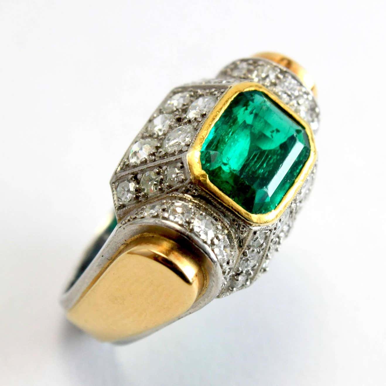 Art Deco Colombian Emerald and Diamond Dress Ring
