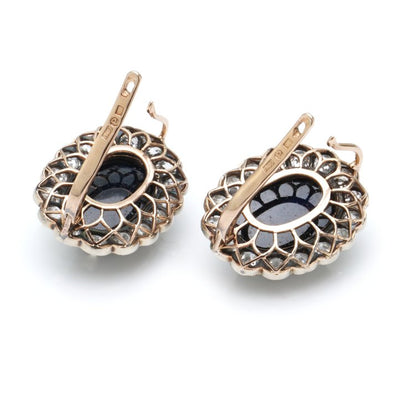 Antique Russian 12ct Cabochon Sapphire and Old Cut Diamond Cluster Earrings in 14ct Gold, Circa 1850s